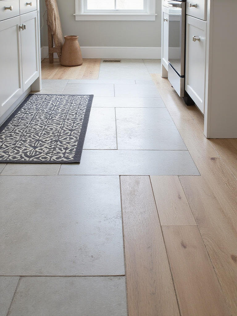 Kitchen floor showcasing diverse tile styles including large format concrete-look tiles, wood-look herringbone pattern tiles, and a central area with bold geometric pattern cement tiles.