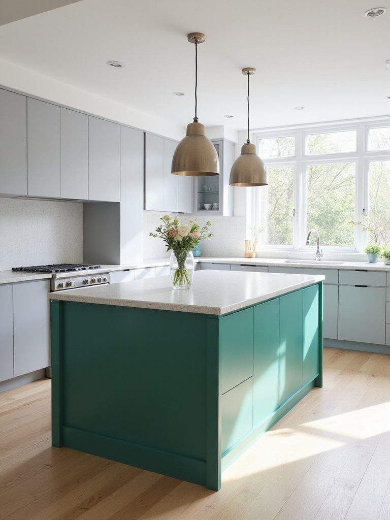 A modern kitchen featuring light grey cabinets and a large central island with a bold emerald green base, serving as a vibrant color pop.