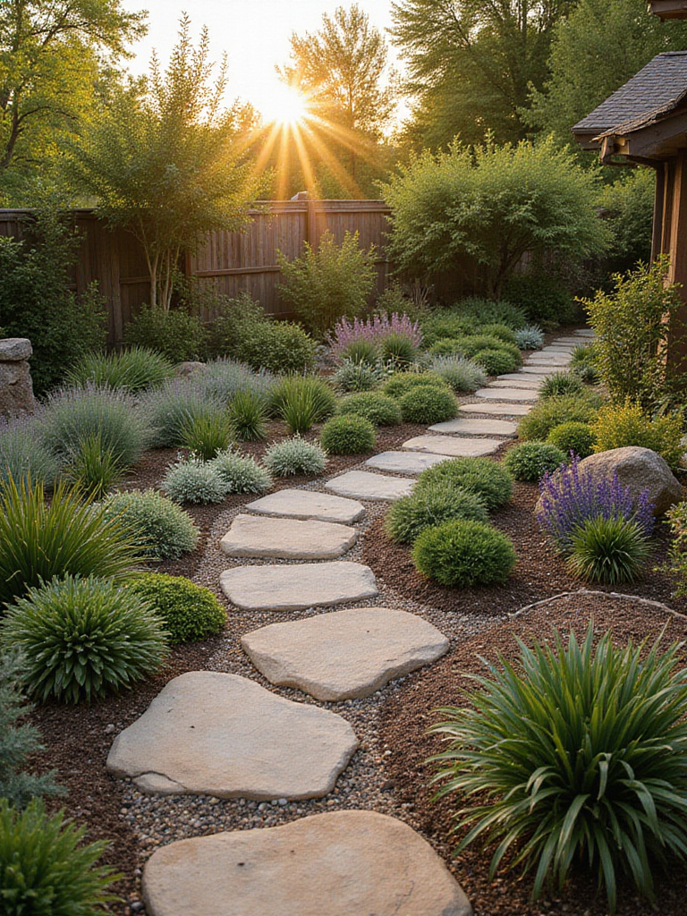 Beautiful backyard garden with layered planting beds and a stone pathway.