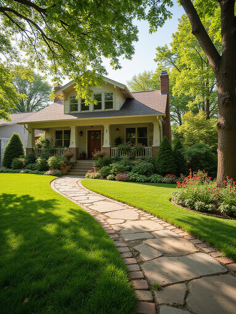 Beautifully landscaped front yard with stone pathway and colorful flower beds.