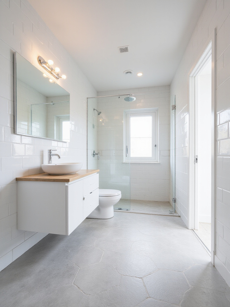 A small bathroom designed with a bright and airy light color palette featuring white wall tiles, light grey floor tiles, a light wood vanity, and a large mirror, creating a spacious feel.