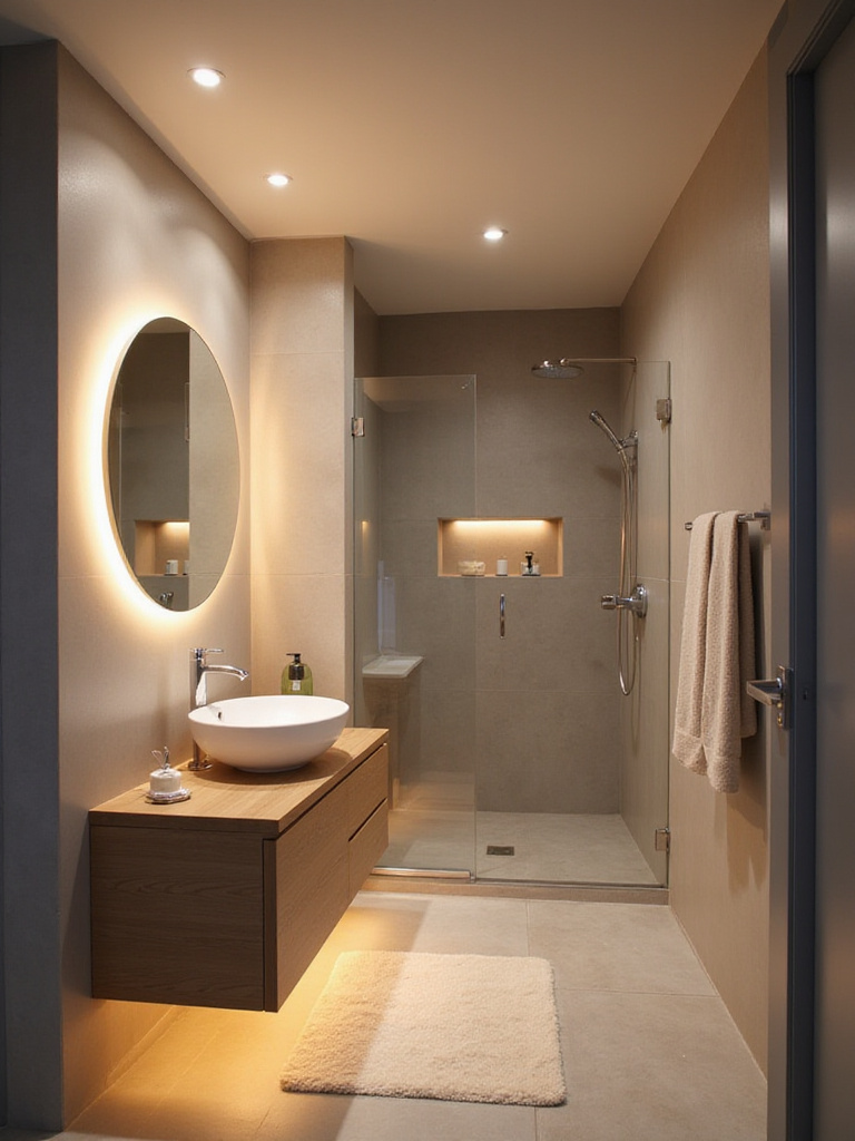 Modern small bathroom featuring layered smart lighting, including a backlit mirror, recessed ceiling lights, and accent LED strips, creating a bright and spacious feel.