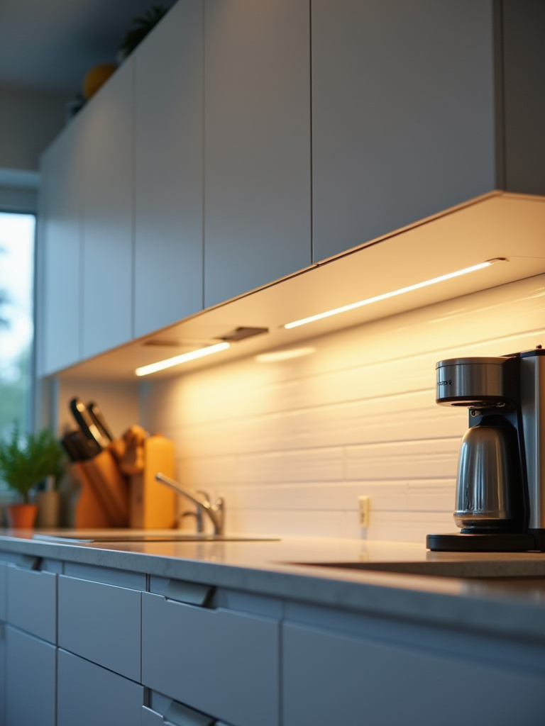 Under-cabinet LED lighting in a white kitchen, brightening the workspace on the countertop and highlighting the backsplash.