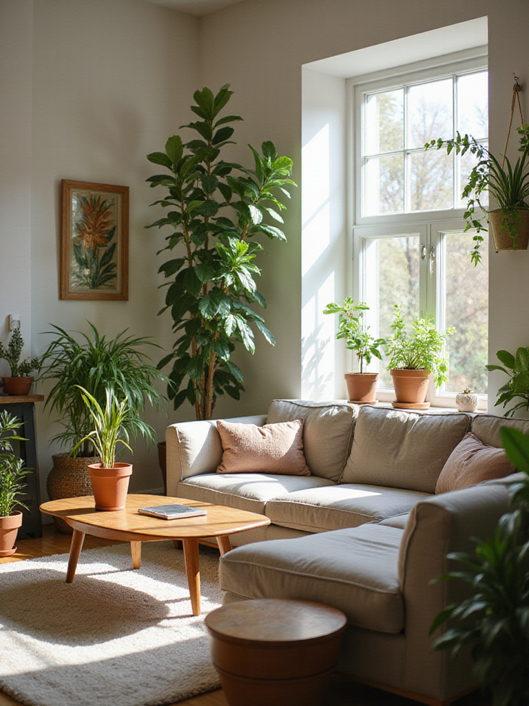 A cozy and stylish living room decorated with various indoor plants, including large floor plants, potted shelf plants, and hanging plants, bathed in soft natural light.