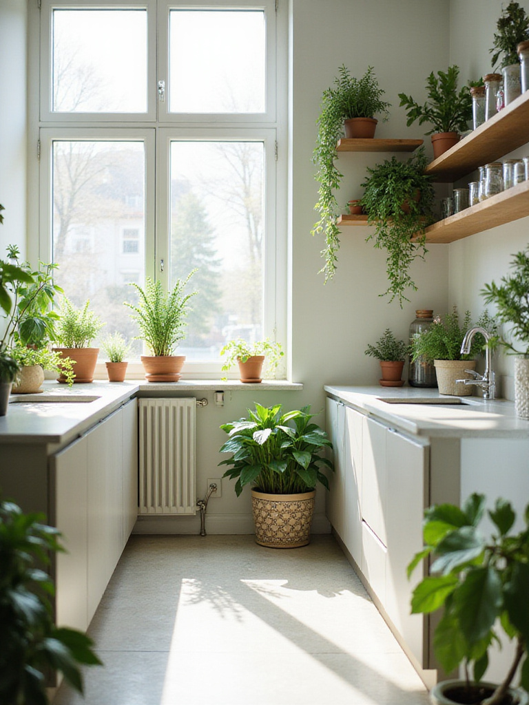 Modern kitchen interior design featuring vibrant green plants on countertops, shelves, and windowsills, adding life and freshness to the space.