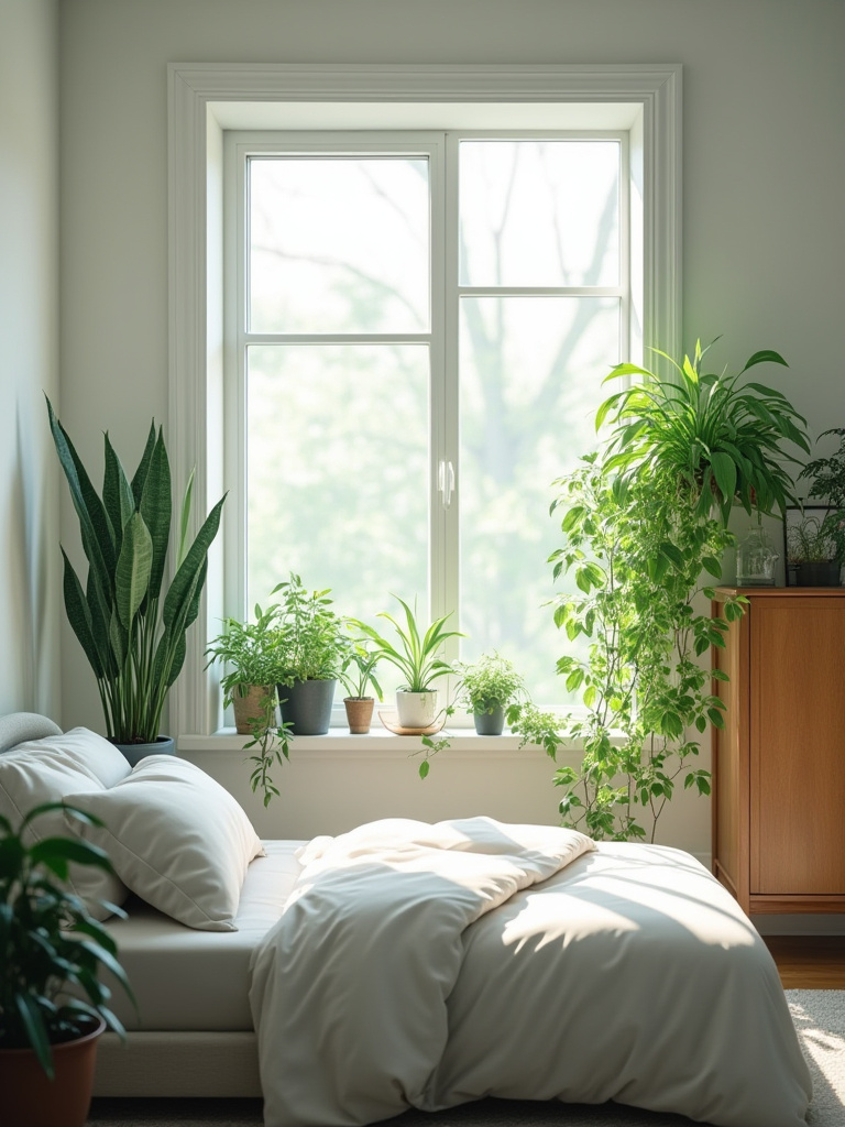 A cozy bedroom decorated with multiple indoor plants, including a snake plant, pothos, and a plant on the bedside table, enhancing the peaceful and natural atmosphere.