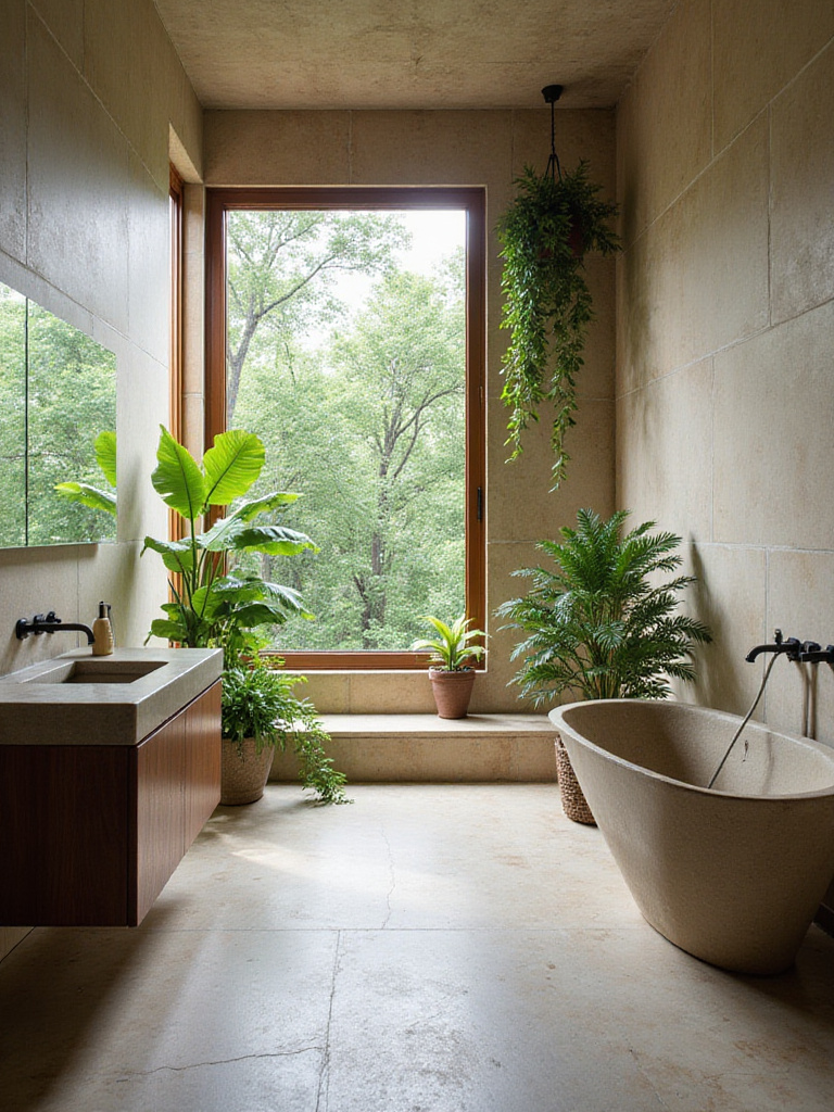 Luxurious bathroom featuring natural travertine stone walls, river stone floor, teak vanity, and lush green plants, creating a serene, spa-like atmosphere as part of a luxury remodel.