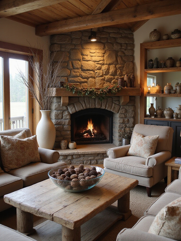 Rustic living room with natural wood beams, stone fireplace, and cozy furniture. Decor includes tall branches in a floor vase, pinecones in a bowl on the coffee table, and a pinecone garland on the mantel.