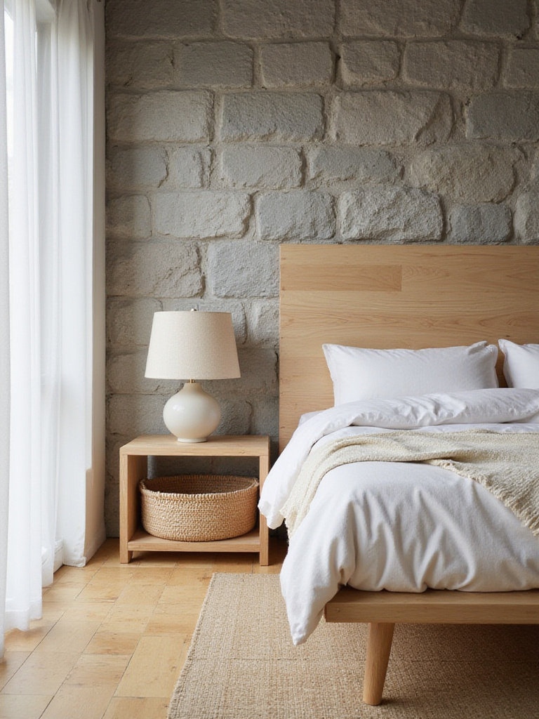 Bedroom decor featuring natural elements: a wooden bed, stone accent wall, and bamboo flooring, creating a serene and grounded atmosphere.