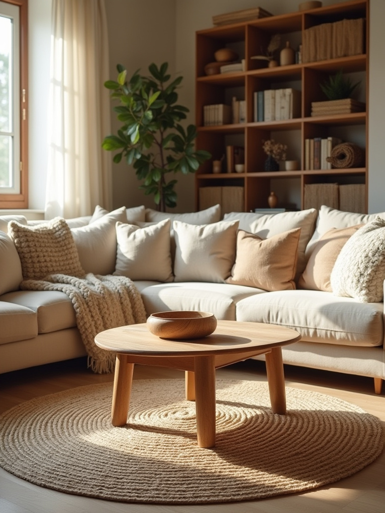 Cozy living room with jute rug, wooden coffee table, linen sofa, and chunky knit blanket.
