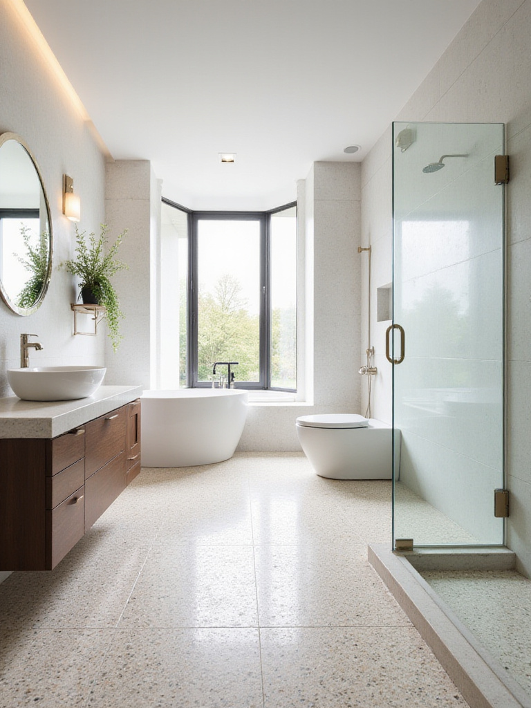Modern bathroom with light terrazzo flooring, floating vanity, and frameless shower.