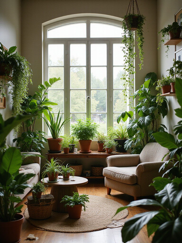 Cozy living room featuring a variety of lush houseplants, including floor plants, table plants, and hanging greenery, creating a warm and inviting atmosphere.