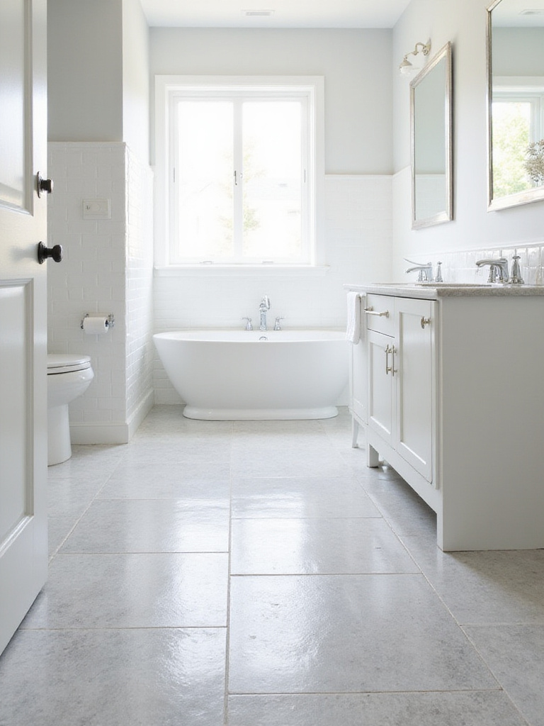 Bathroom featuring budget-friendly peel-and-stick vinyl flooring in a light gray stone pattern.