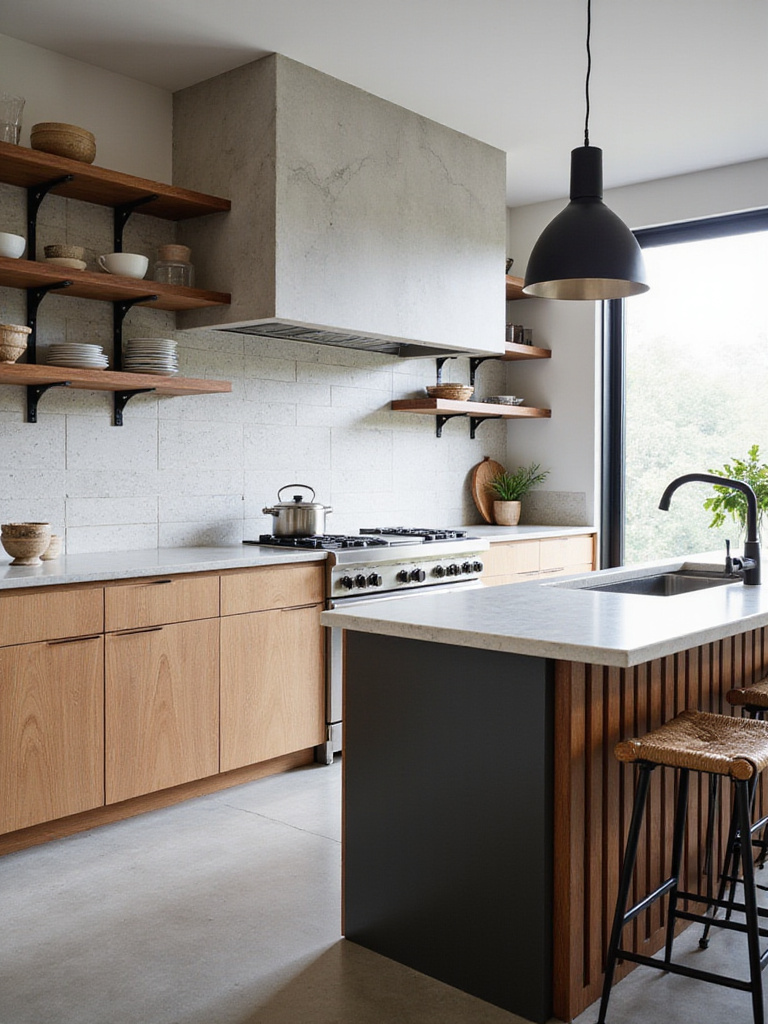 Modern kitchen showcasing mixed material textures, including wood cabinets, concrete countertops, marble island, textured tile backsplash, and metal accents.