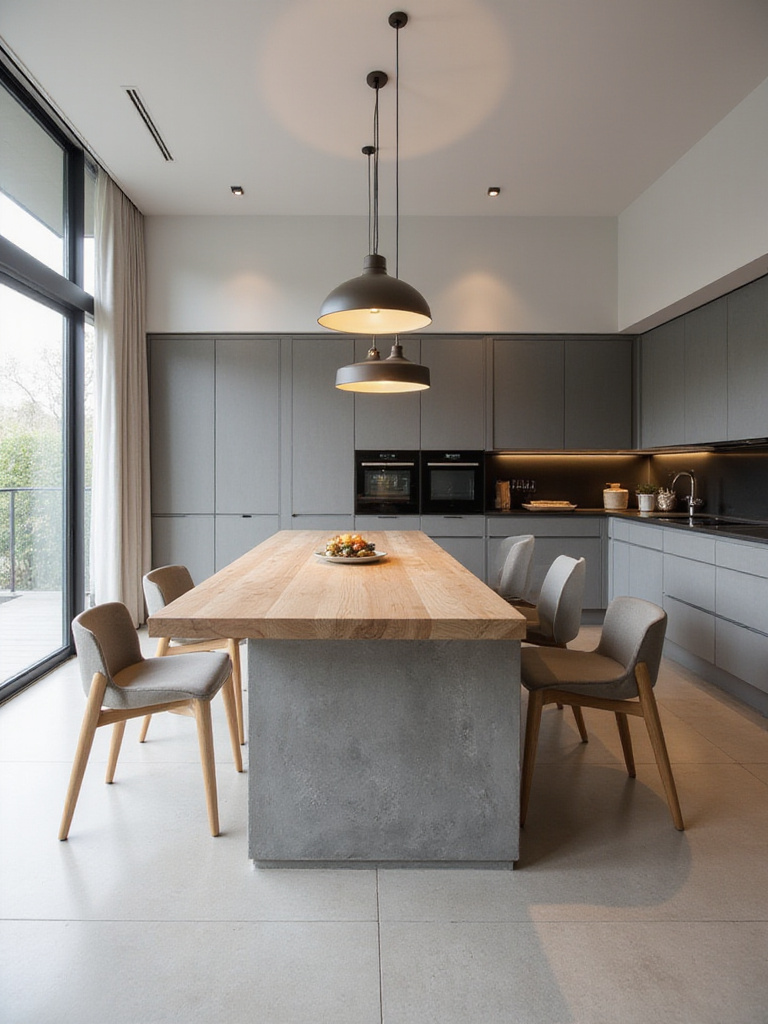 Modern kitchen featuring a large island with a lower-level integrated wooden dining table extension and minimalist chairs, showcasing seamless design and efficient use of space.