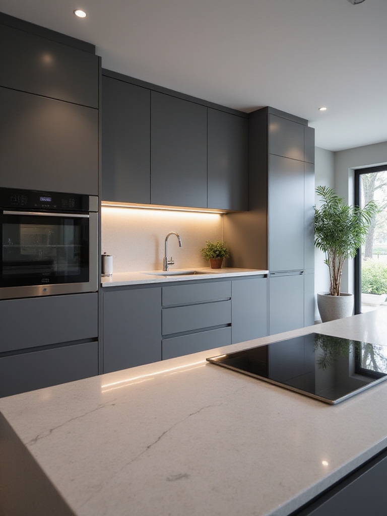 Modern kitchen featuring integrated smart appliances, including a panel-ready refrigerator and flush-mounted oven, blending seamlessly into minimalist cabinetry.