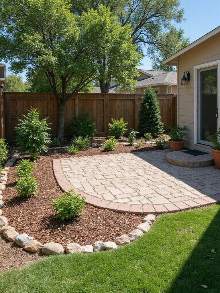 Budget-friendly backyard landscaping with small patio, native plants, and river rock border.