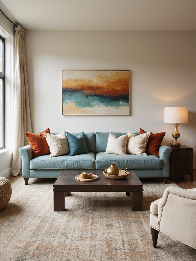 A stylish living room showcasing a cohesive color palette of warm neutrals, teal, and rust orange, demonstrating how colors connect and create a harmonious interior design.