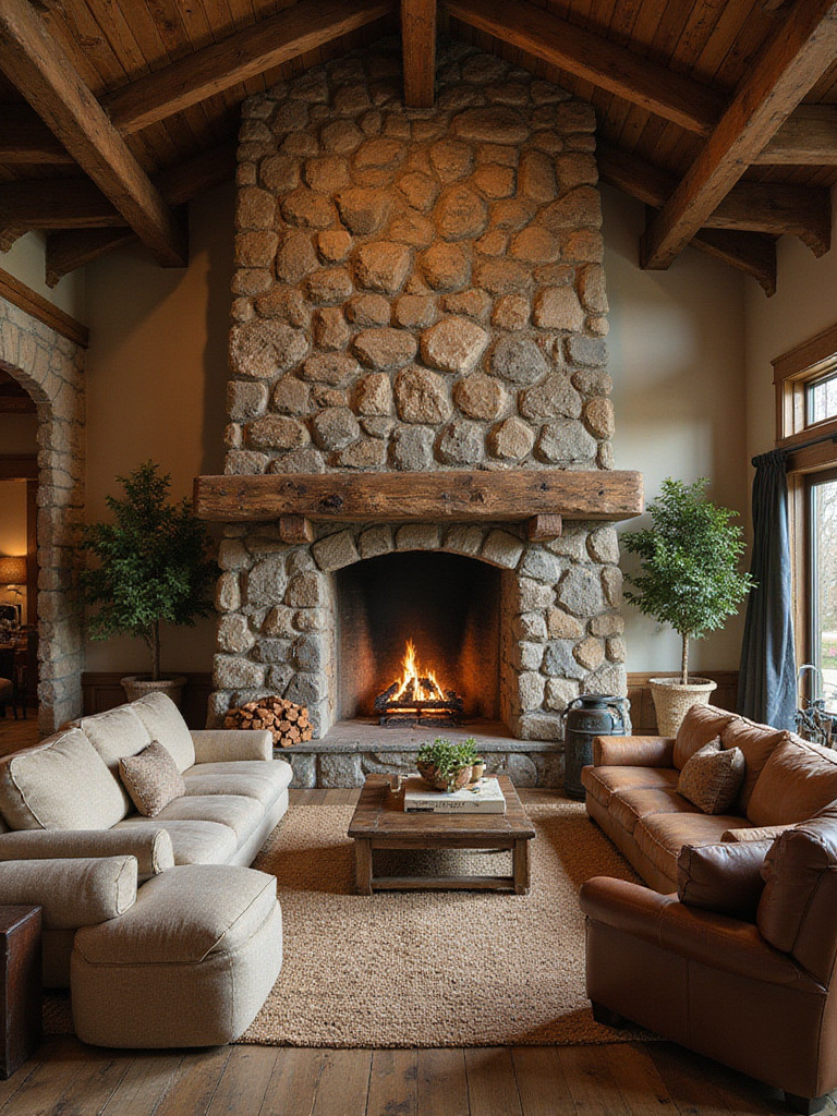 A grand, floor-to-ceiling stone fireplace made of natural fieldstone is the focal point of a cozy rustic living room with comfortable furniture and a glowing fire.