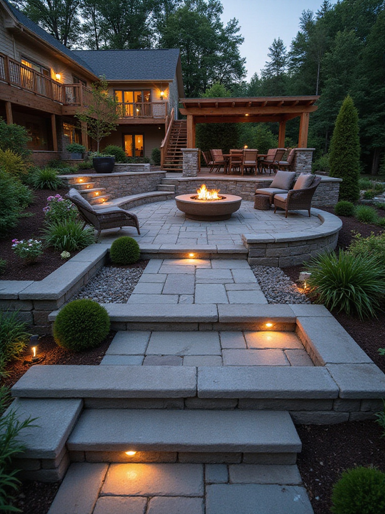 A multi-level backyard patio featuring stone and wood, stepping down to define separate dining, lounge with fire pit, and quiet garden zones.