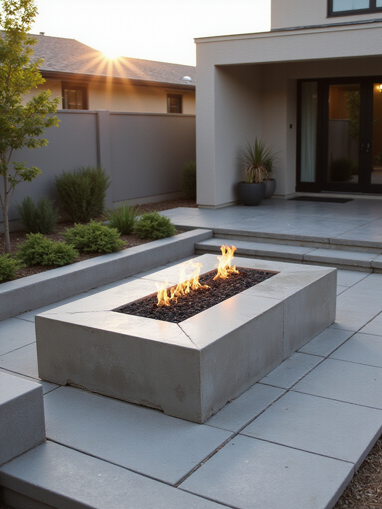Rectangular fire pit in a contemporary backyard setting, showcasing modern design elements.