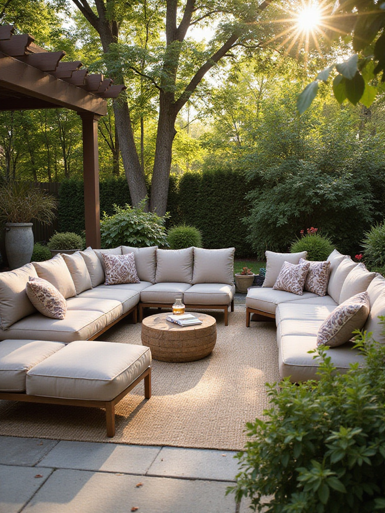 A luxurious backyard patio lounge area featuring plush, deep-seated outdoor furniture with thick cushions, a large outdoor rug, and decorative pillows, surrounded by greenery under warm sunlight.