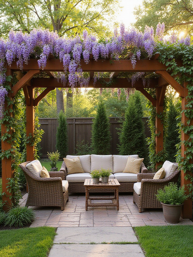 Backyard pergola with wisteria and comfortable outdoor seating.