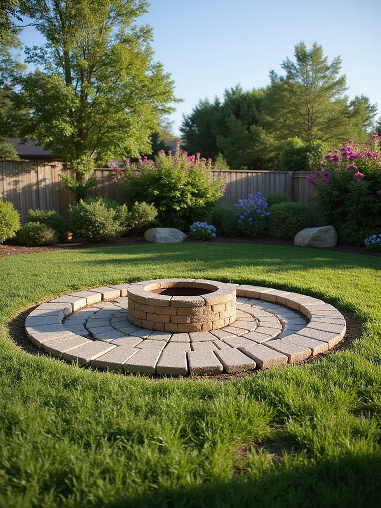 A DIY fire pit ring made of concrete pavers in a backyard setting with flowers and grass.