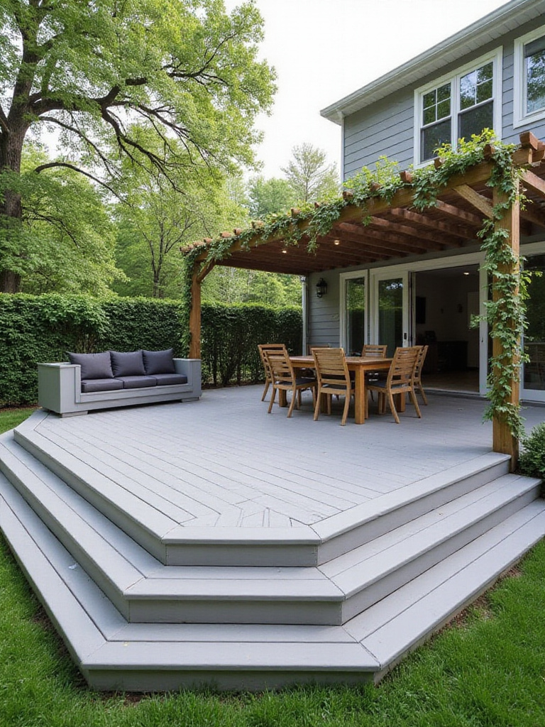 Modern composite deck extension with pergola and built-in seating
