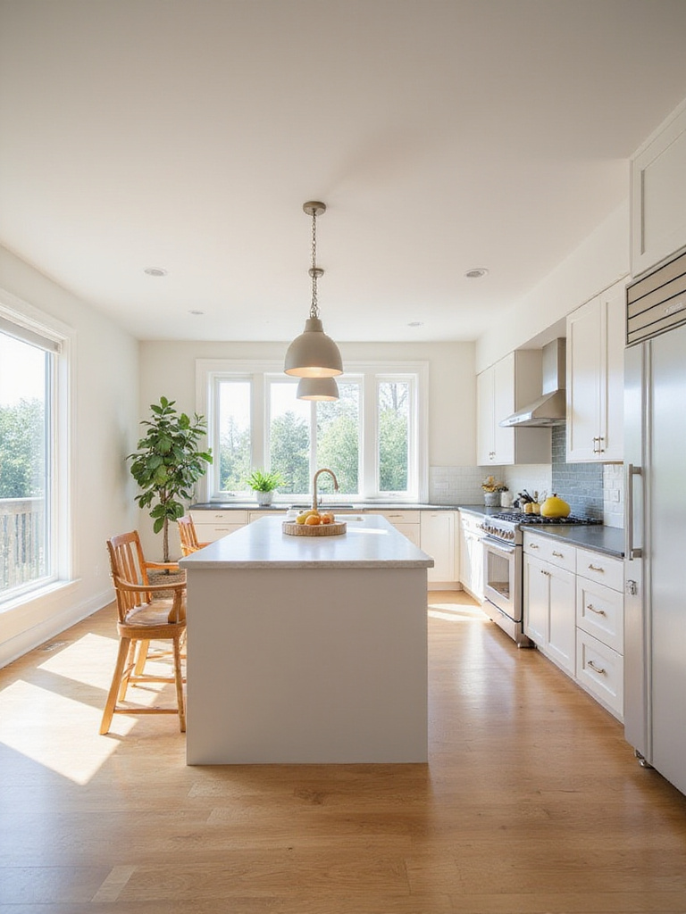 Modern kitchen island with generous clearance around all sides, illustrating optimal space for workflow and movement.