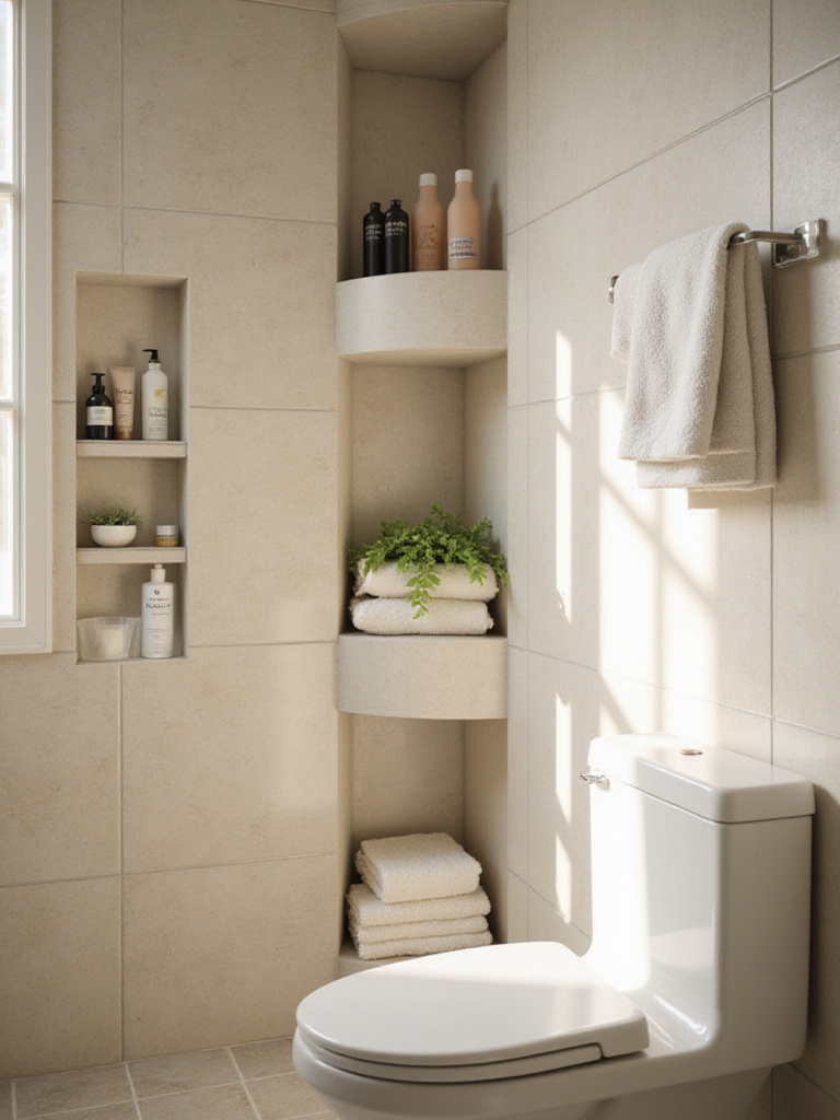 Built-in recessed niches in a small modern bathroom shower and above the toilet, providing space-saving storage for toiletries and towels.
