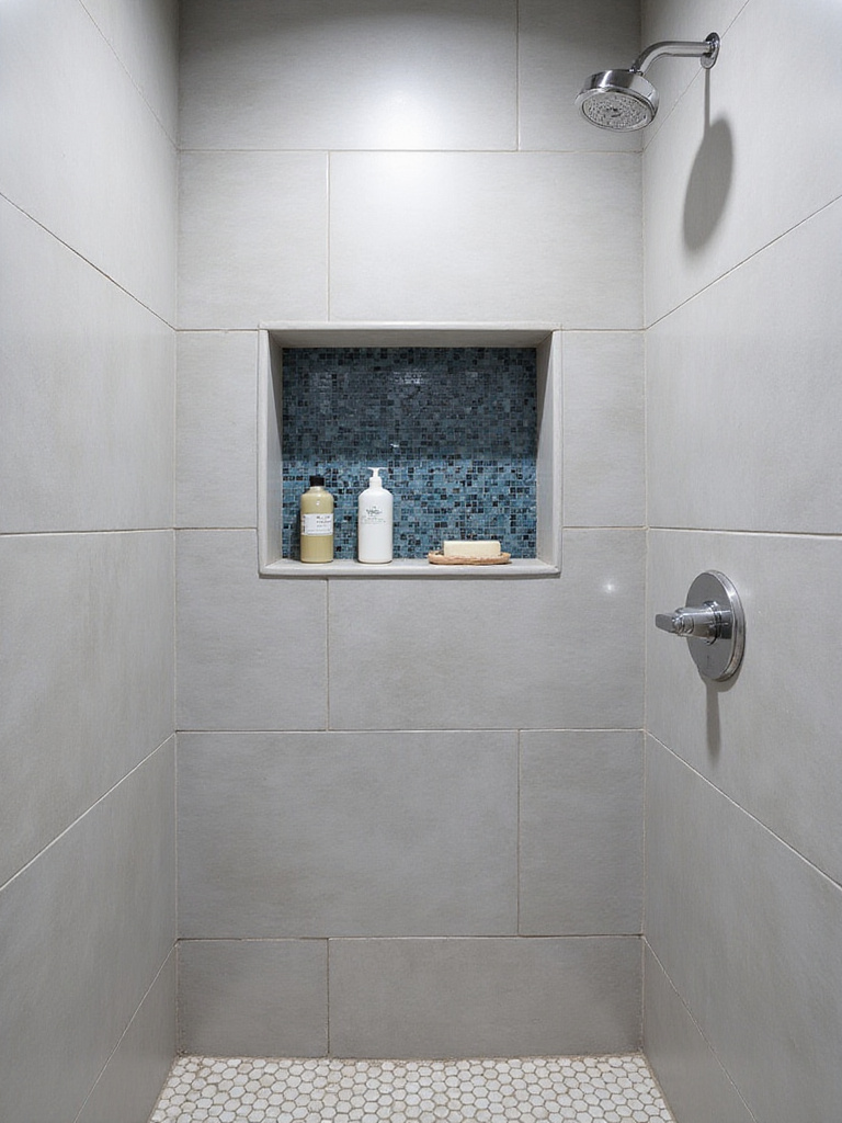 Built-in rectangular shower niche tiled with dark blue mosaic tiles inside a small modern shower with light grey walls.