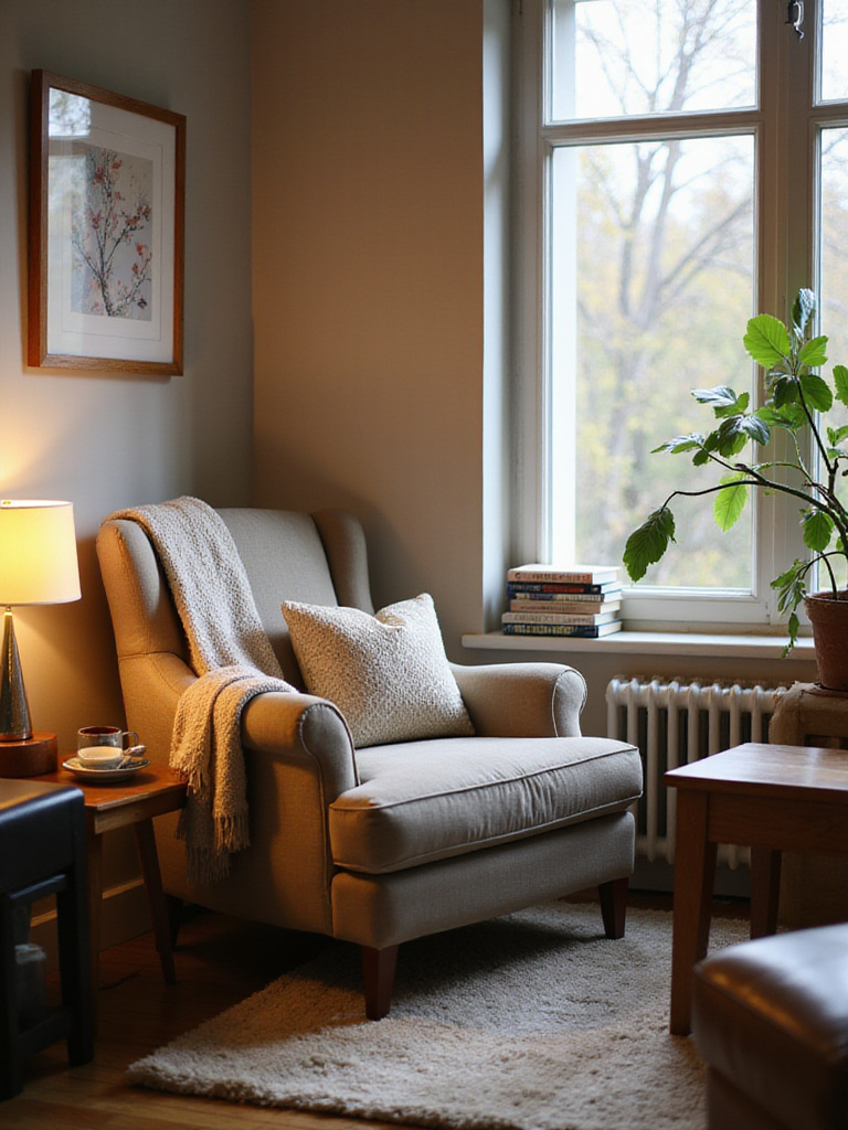 A cozy reading nook in a living room corner with an armchair, side table, reading lamp, books, and a throw blanket.
