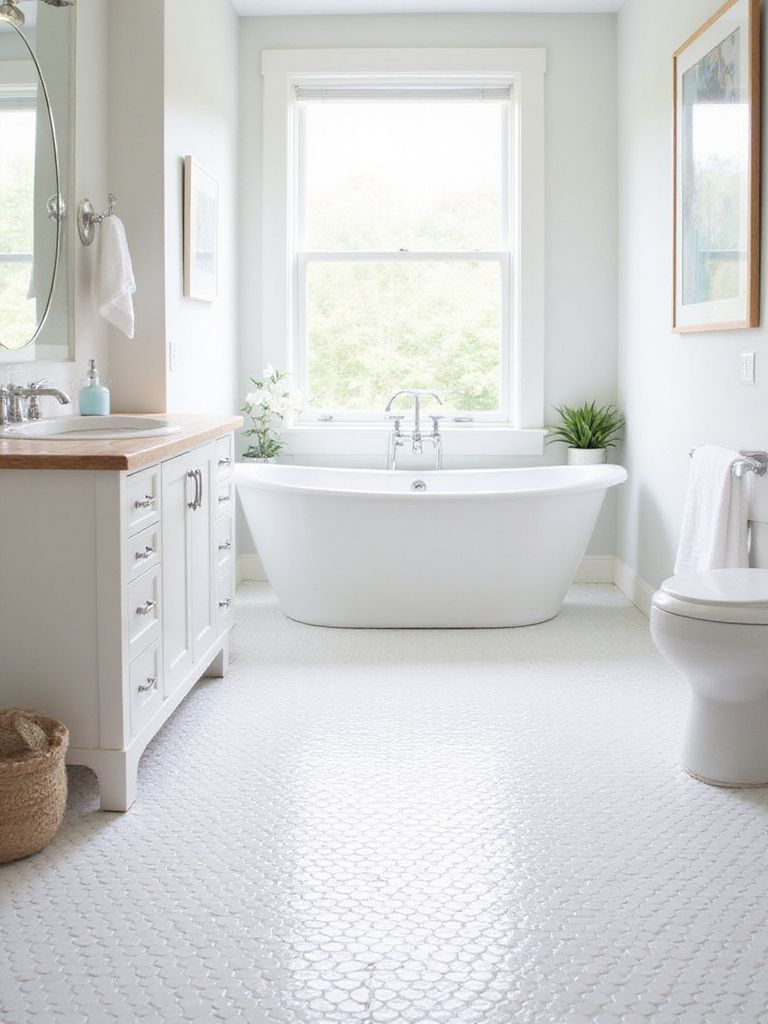 Bathroom floor with classic white penny round tiles, freestanding tub, and white vanity.