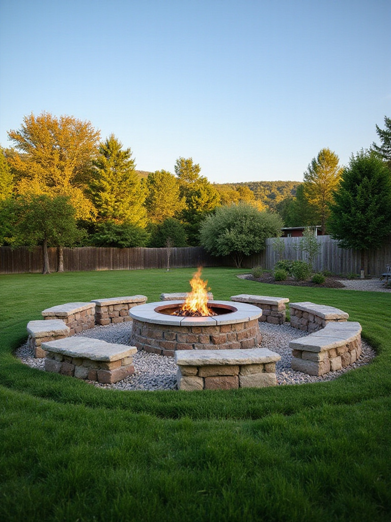 A serene backyard featuring a beautifully designed fire pit surrounded by greenery and decorative stones.