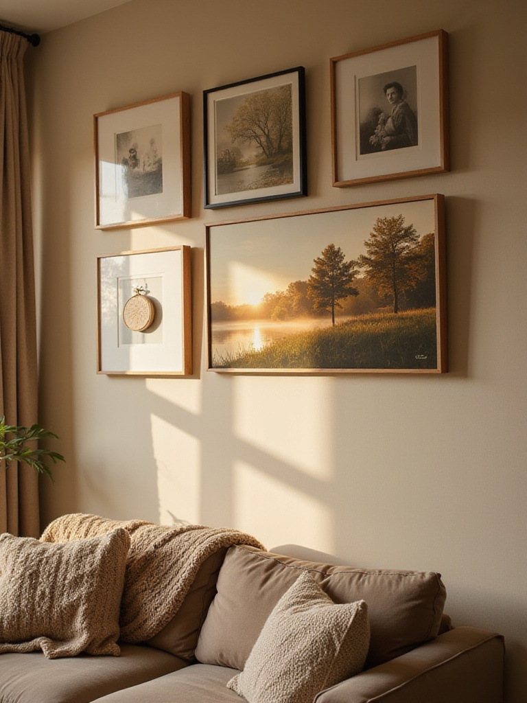Cozy living room with a gallery wall of warm and personal artwork above a comfortable sofa.