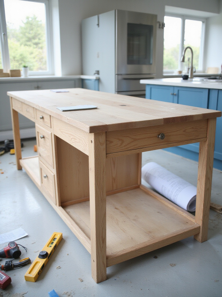 Kitchen island installation comparison with DIY tools and professional plans visible, highlighting cost options.