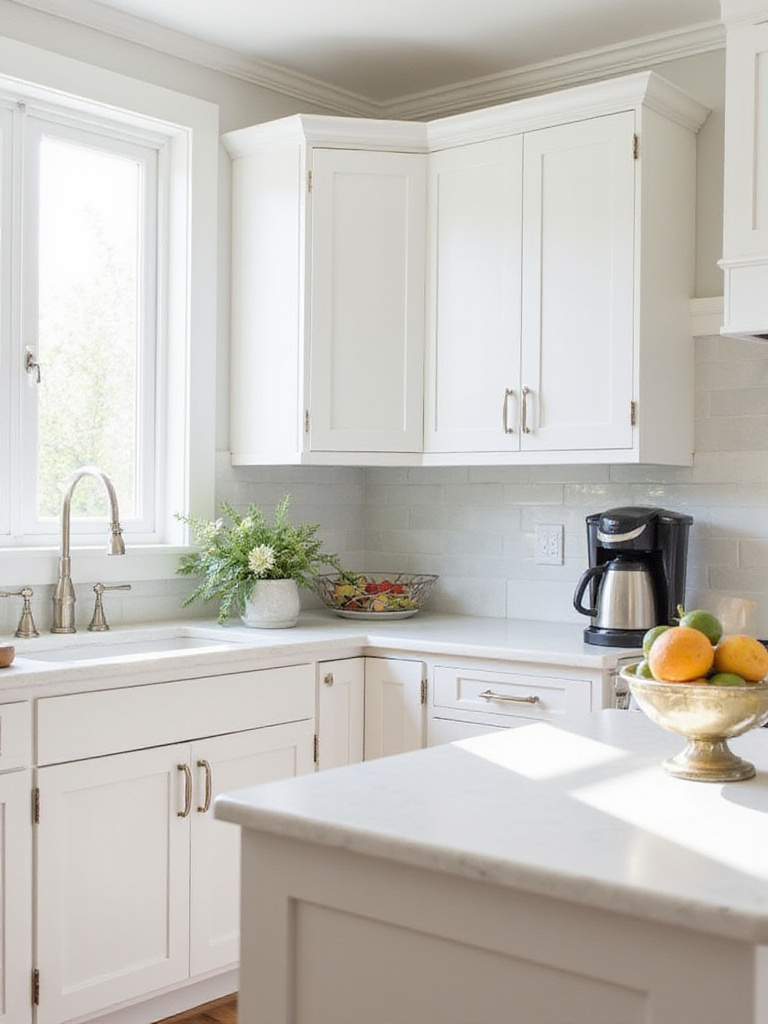 A kitchen with classic white Shaker cabinets, showcasing their timeless design with simple lines and brushed nickel hardware, bathed in natural light.