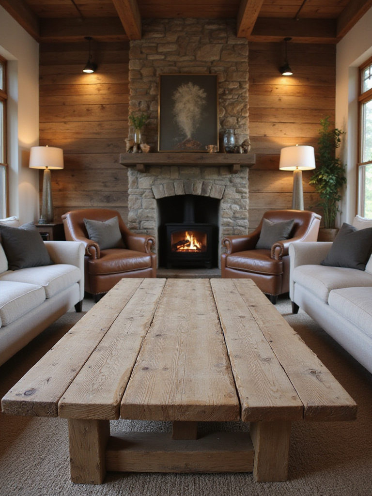 Cozy rustic living room featuring a large distressed wood coffee table, distressed wood mantel, and other aged wood elements, creating a warm and charming atmosphere.