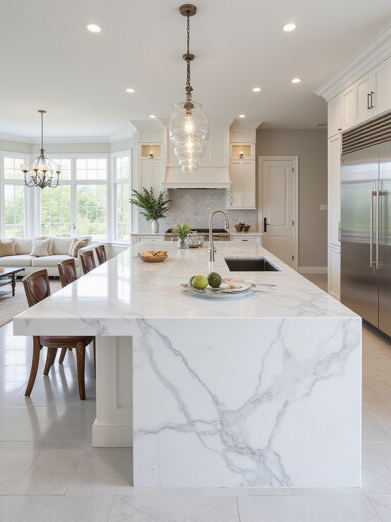 Elegant kitchen interior featuring stunning white Calacatta marble countertops and a waterfall island edge.