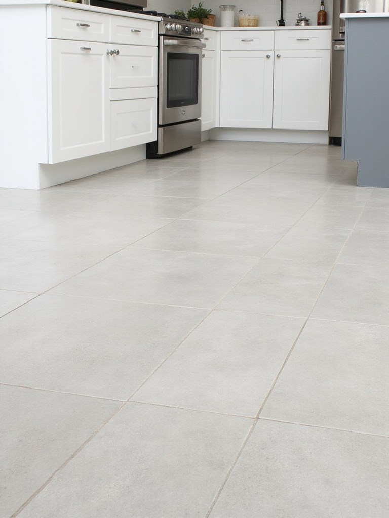 A modern white kitchen with large format neutral-colored floor tiles, creating a spacious and seamless look with minimal grout lines.