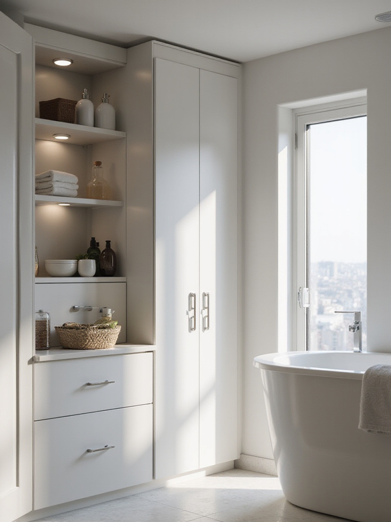Modern bathroom with integrated storage solutions, showcasing sleek cabinetry and recessed shelves.