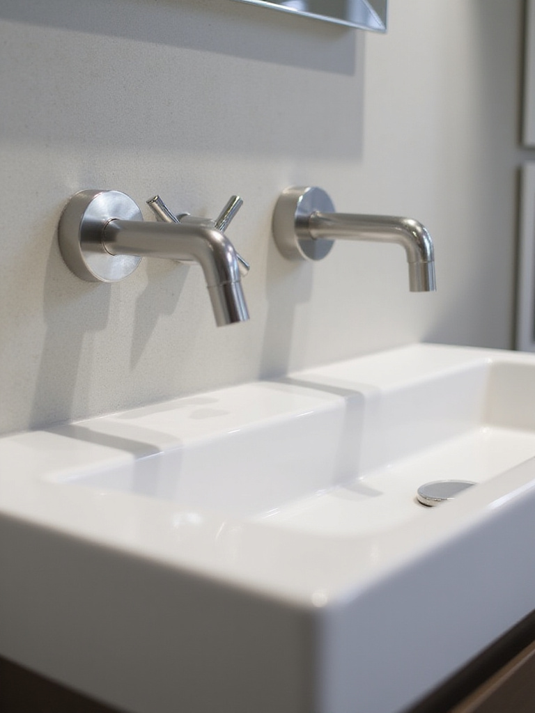Modern bathroom featuring wall-mounted faucets above a sleek sink.