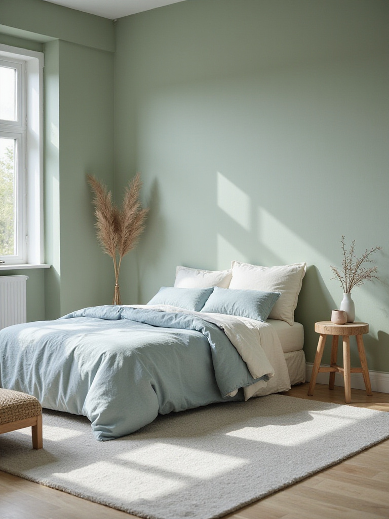 A serene bedroom with soft sage green walls, layered bedding in dusty blue and cream, and a light grey rug, illustrating a calming color palette.