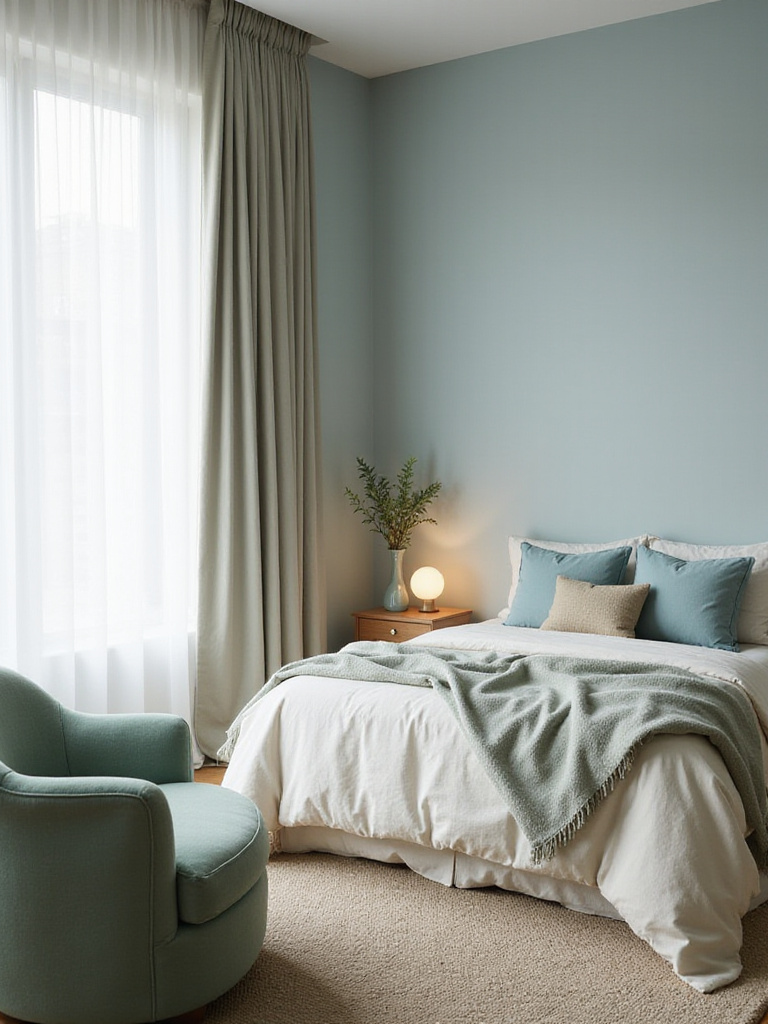 A serene bedroom decorated in a calming palette of soft blue, muted green, and off-white, featuring layered textiles, natural light, and peaceful decor.