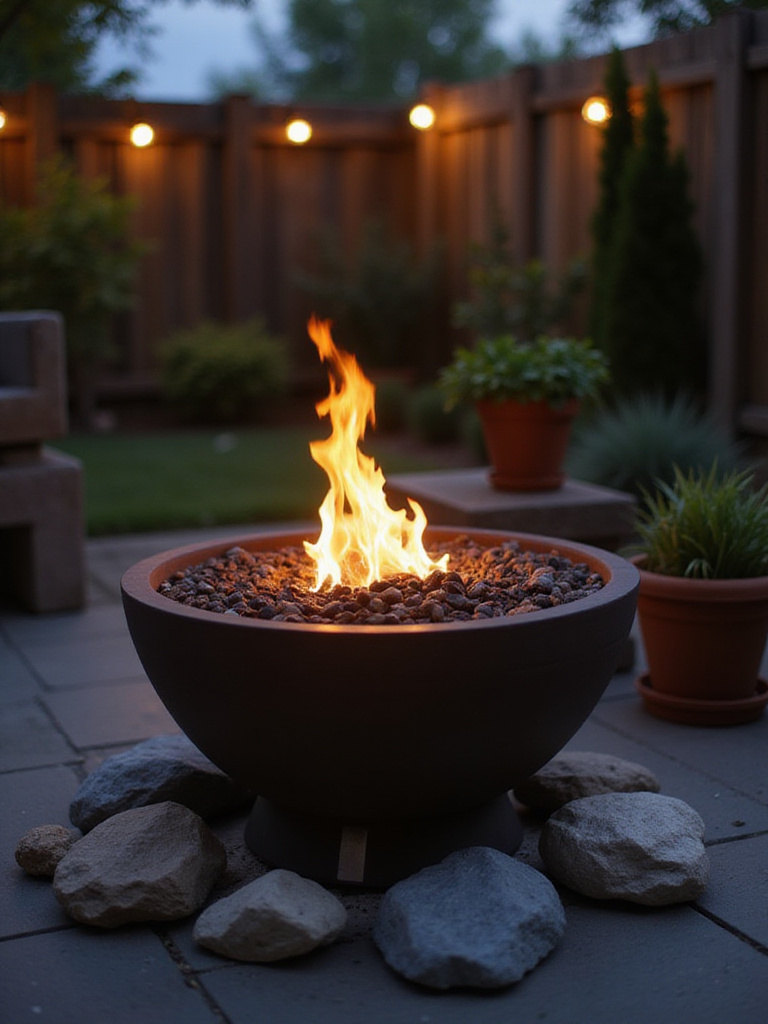 Compact fire bowl in a cozy small backyard setting during twilight