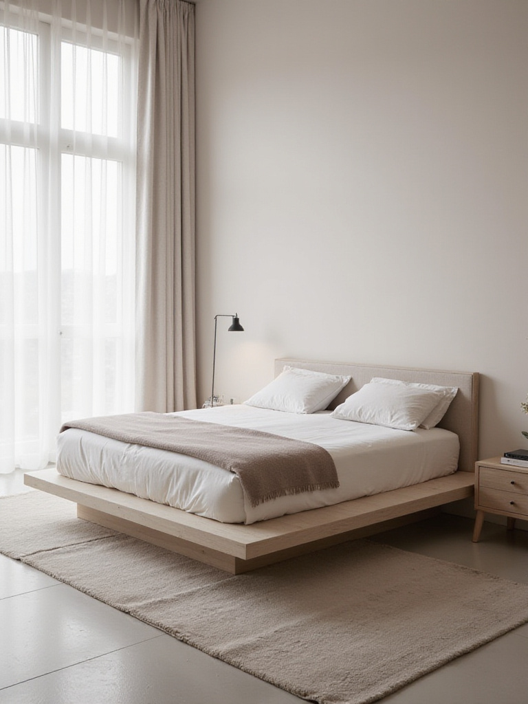 Modern bedroom featuring a low-profile platform bed with clean lines