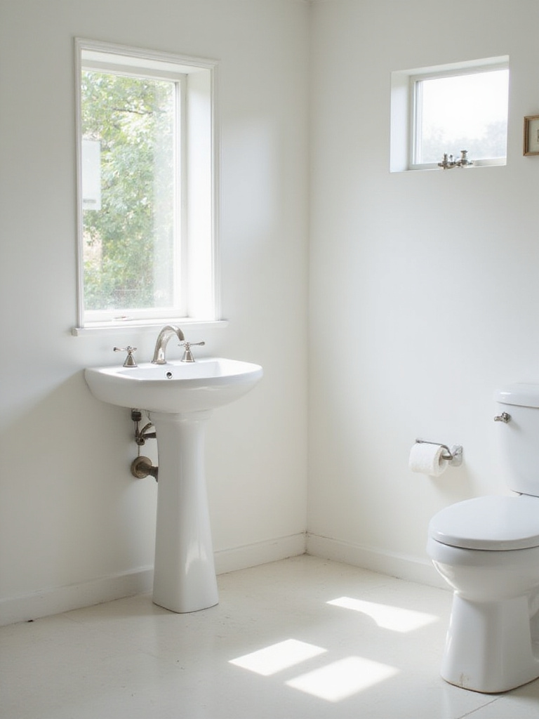 Small bathroom with a white pedestal sink, showcasing open floor space and elegant design.
