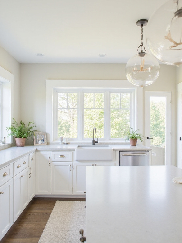 A white kitchen with walls painted in a perfect complementary shade, enhancing the white cabinets and creating a harmonious atmosphere.