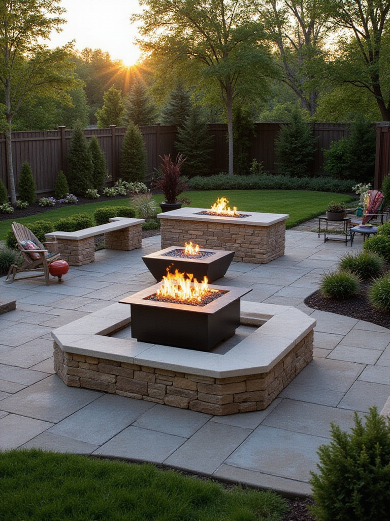 A scenic view of three types of fire pits: portable, built-in, and table in a beautifully landscaped backyard.